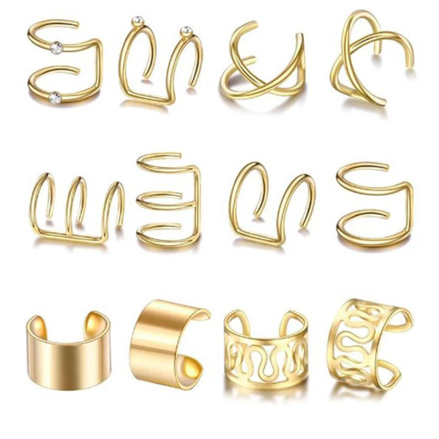 12pcs Ear Cuff Earrings Fashion Simple Metal Gold Clip On Wrap Earring Jewelry Set for Women Men