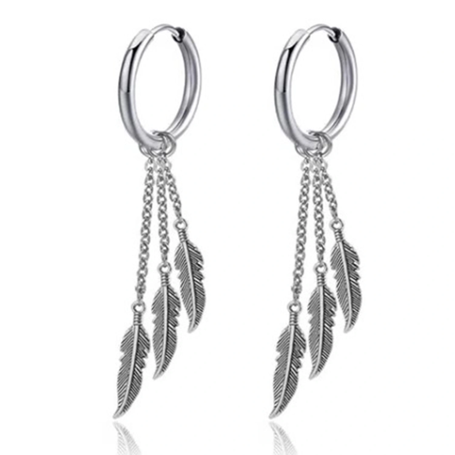 1 Pair Hoop Dangle Earrings Stainless Steel Leaf Tassel Pendant Earrings Long Chain Earwear