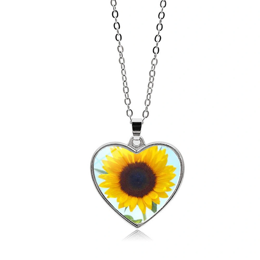 Sunflower Pattern Heart Shaped Pendant Necklace Women Titanium Steel Fashionable Necklace for Party