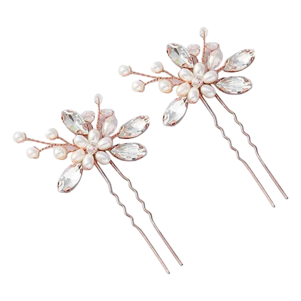 1 Pair Bridal U Shaped Hairpin Elegant Beautiful Crystal Pearl Wedding Hair Clips for Party Rose Gold