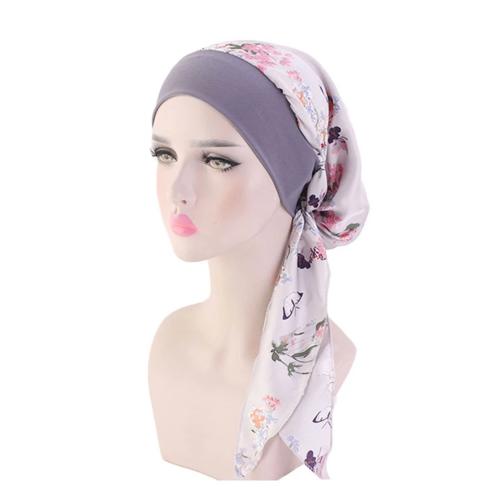 Women Satin Head Scarves Fashionable Lightweight Elastic Women Faux Silk Head Scarf for Women Girls Grey Flower