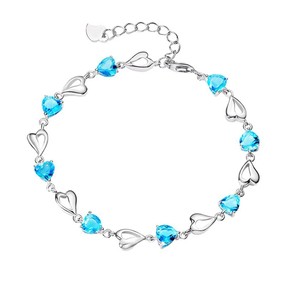 Women Bracelet S925 Silver Heart Rhinestone Simple Style Accessory Present for Friends Blue