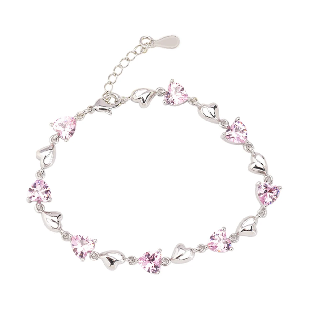 Women Bracelet S925 Silver Heart Rhinestone Simple Style Accessory Present for Friends Pink