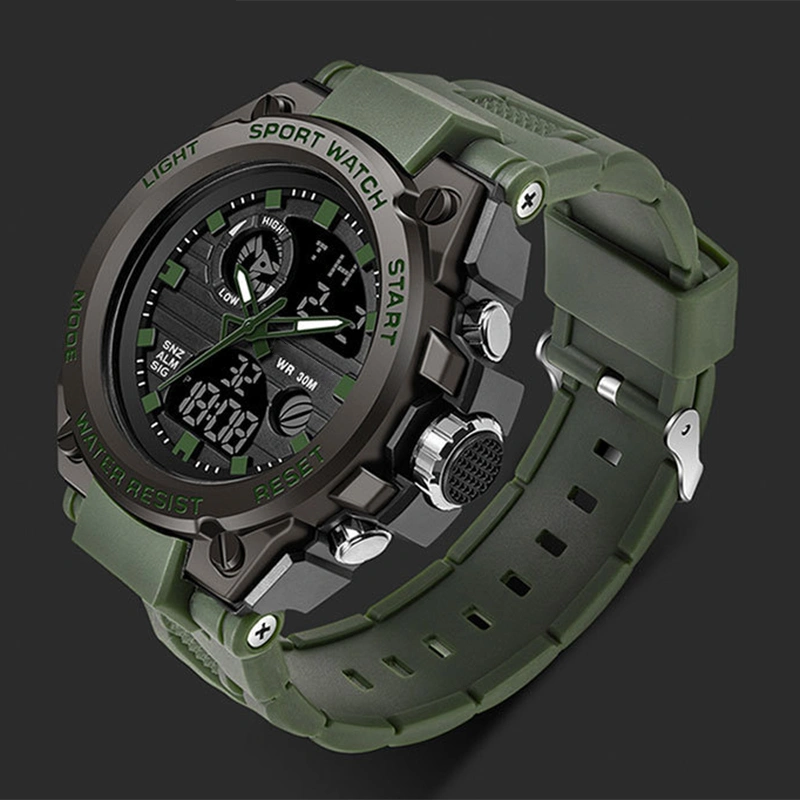 LED Electronic Sports Watch Waterproof Lightweight Dual Display Luminous Smartwatch for Boys OD Green
