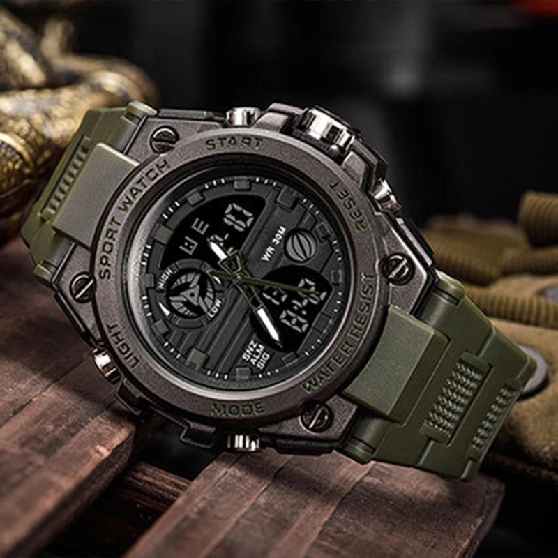 LED Electronic Sports Watch Waterproof Lightweight Dual Display Luminous Smartwatch for Boys OD Green