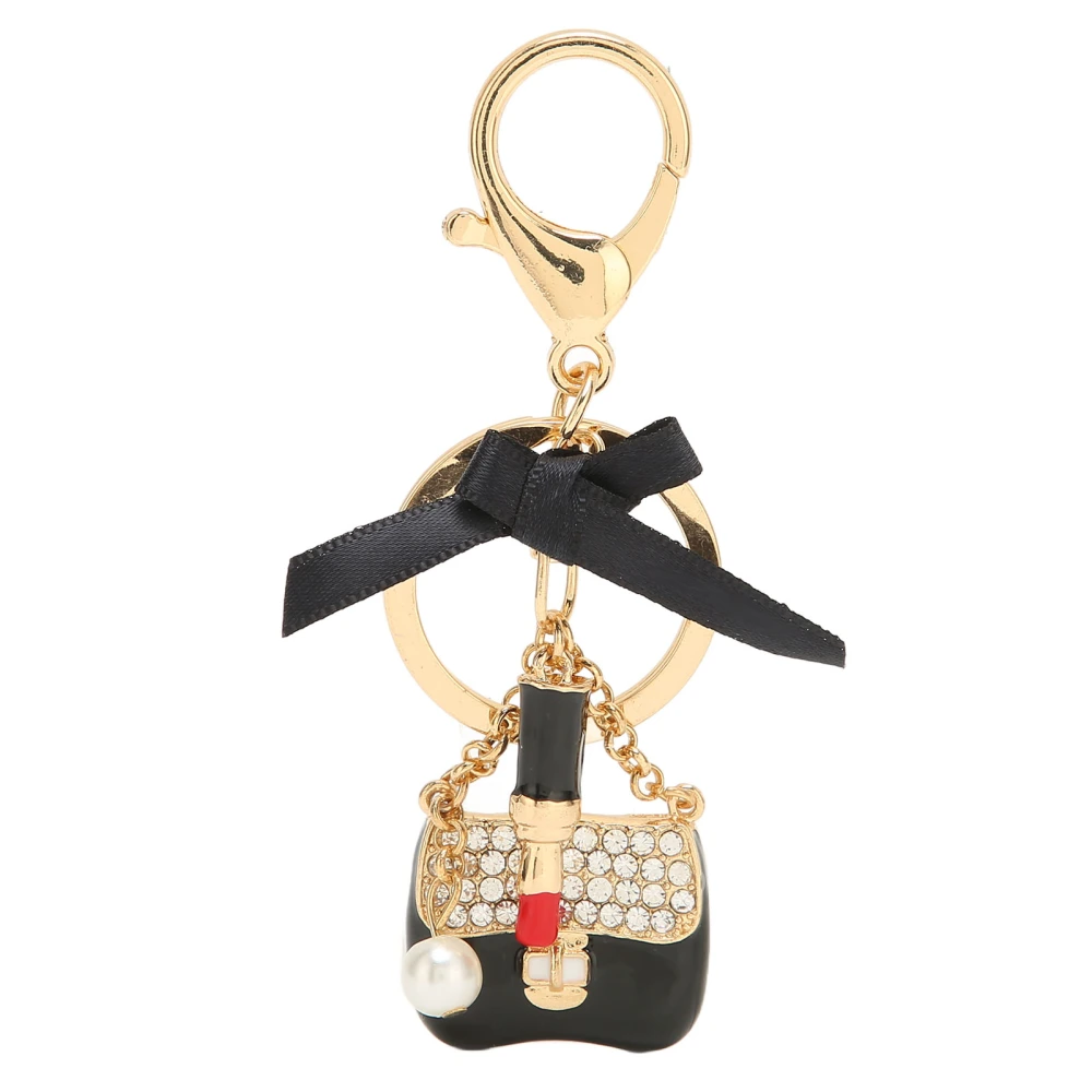 Women Alloy Rhinestone Keychain Exquisite Cute Bow Handbag Lipstick Shaped Pendant Key Ring Decoration Black