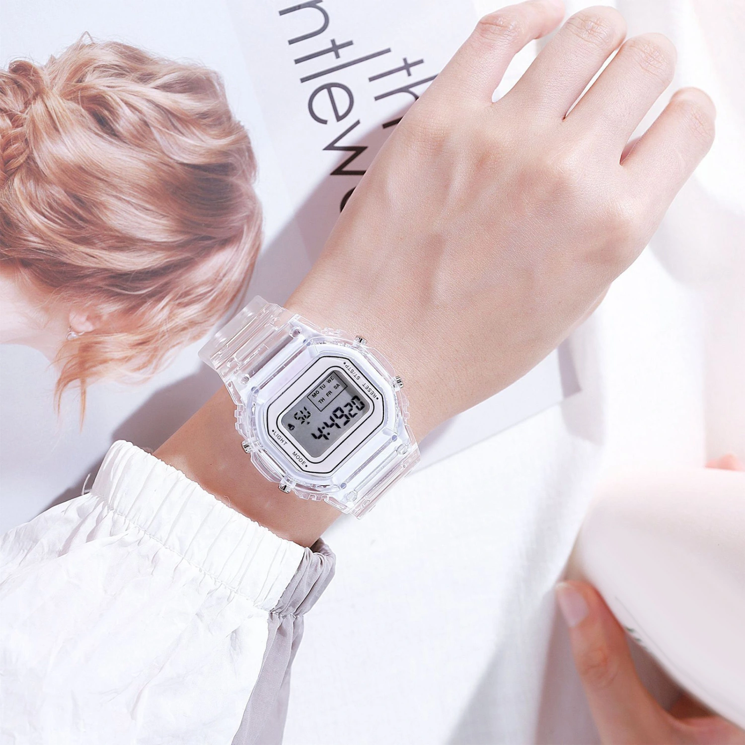 LED Digital Watch Transparent Waterproof Lightweight Accurate Time Sports Wristwatch White