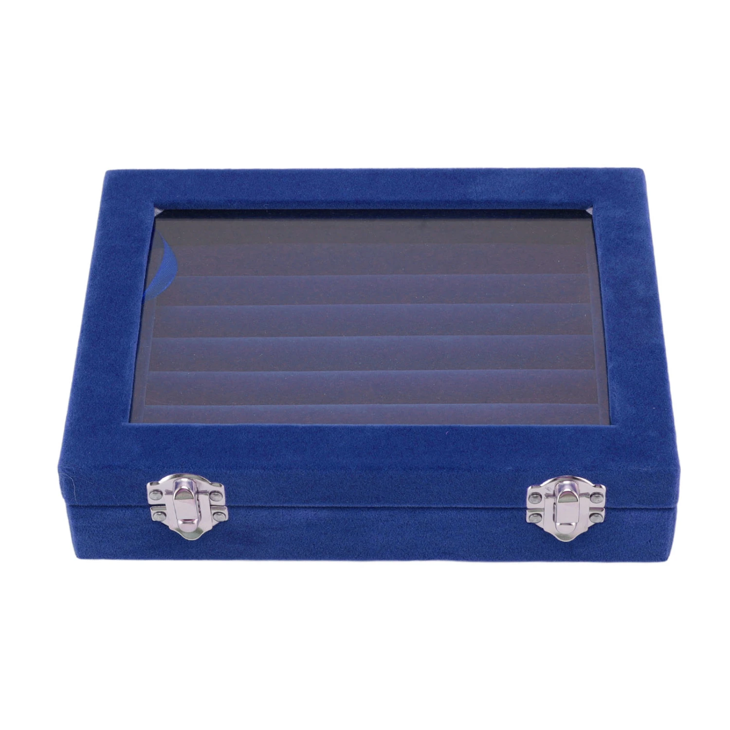 Jewelry Display Box 7 Slots Velvet Ring Storage Display Case with Clear Lid for Ring Jewelry Earrings Necklace Blue