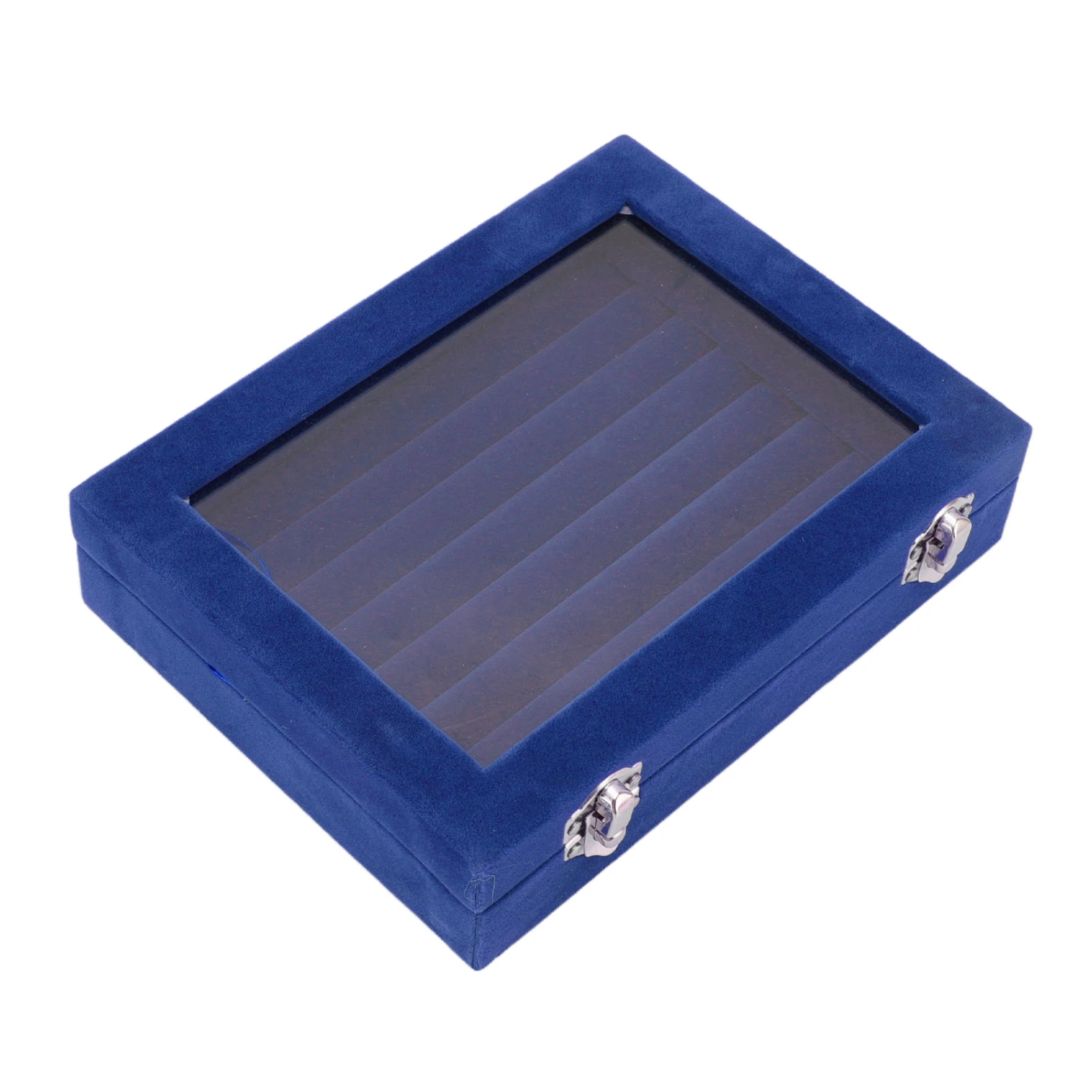 Jewelry Display Box 7 Slots Velvet Ring Storage Display Case with Clear Lid for Ring Jewelry Earrings Necklace Blue
