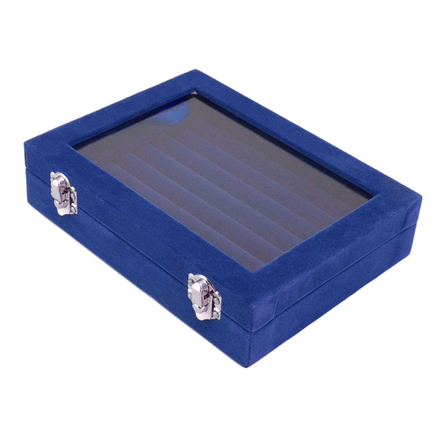 Jewelry Display Box 7 Slots Velvet Ring Storage Display Case with Clear Lid for Ring Jewelry Earrings Necklace Blue