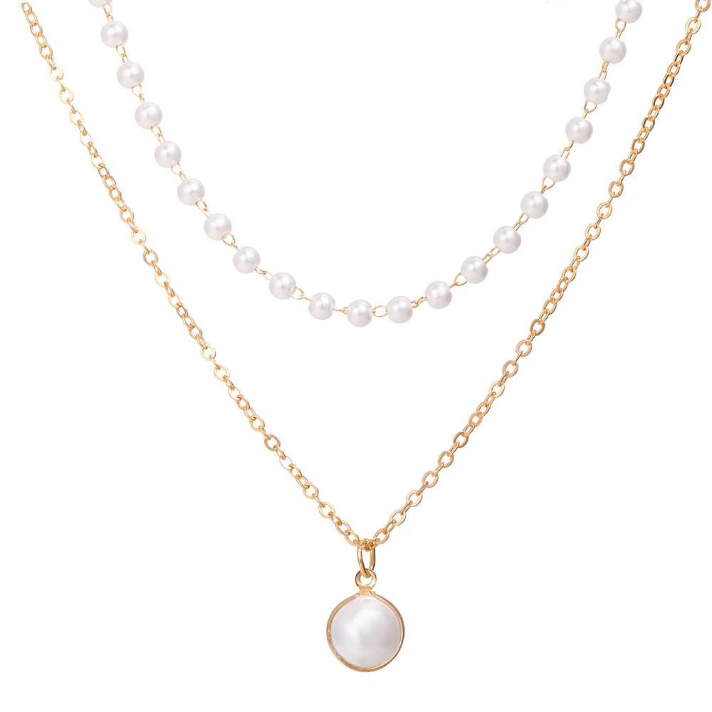 Faux Pearl Pendant Necklace Fashionable Double Layer Artificial Pearl Clavicle Chain for Women Girls Gold