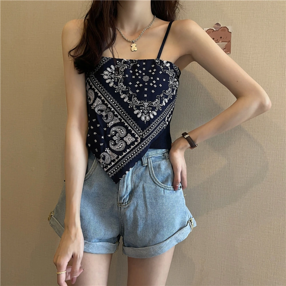 Women Spaghetti Strap Tank Top Special Printing Irregular Hem Fashionable Summer Casual Vest Blue Free Size