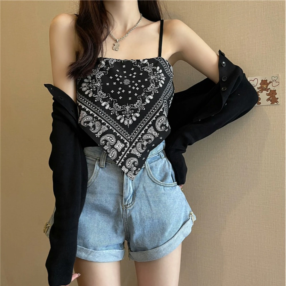 Women Spaghetti Strap Tank Top Special Printing Irregular Hem Fashionable Summer Casual Vest Black Free Size