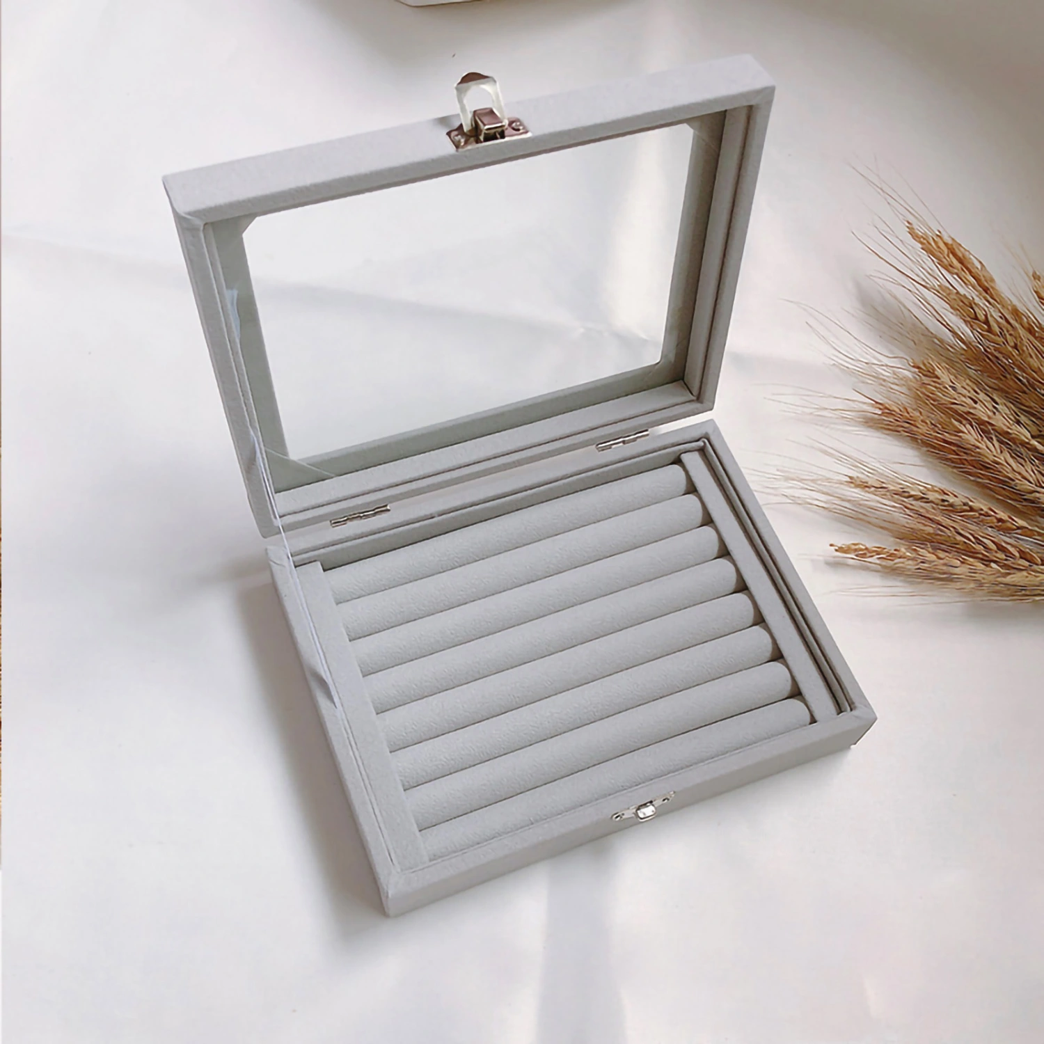 Flannel Jewelry Box Jewelry Storage Case with Safety Lock for Necklace Earrings Bracelets Rings Gray Round Bars