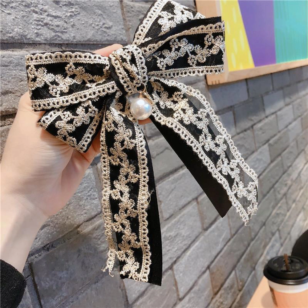 Bow Hair Clip Double Lace Layer Elegant Exquisite Nonslip Hairpin Ornament for Women GirlsBlack