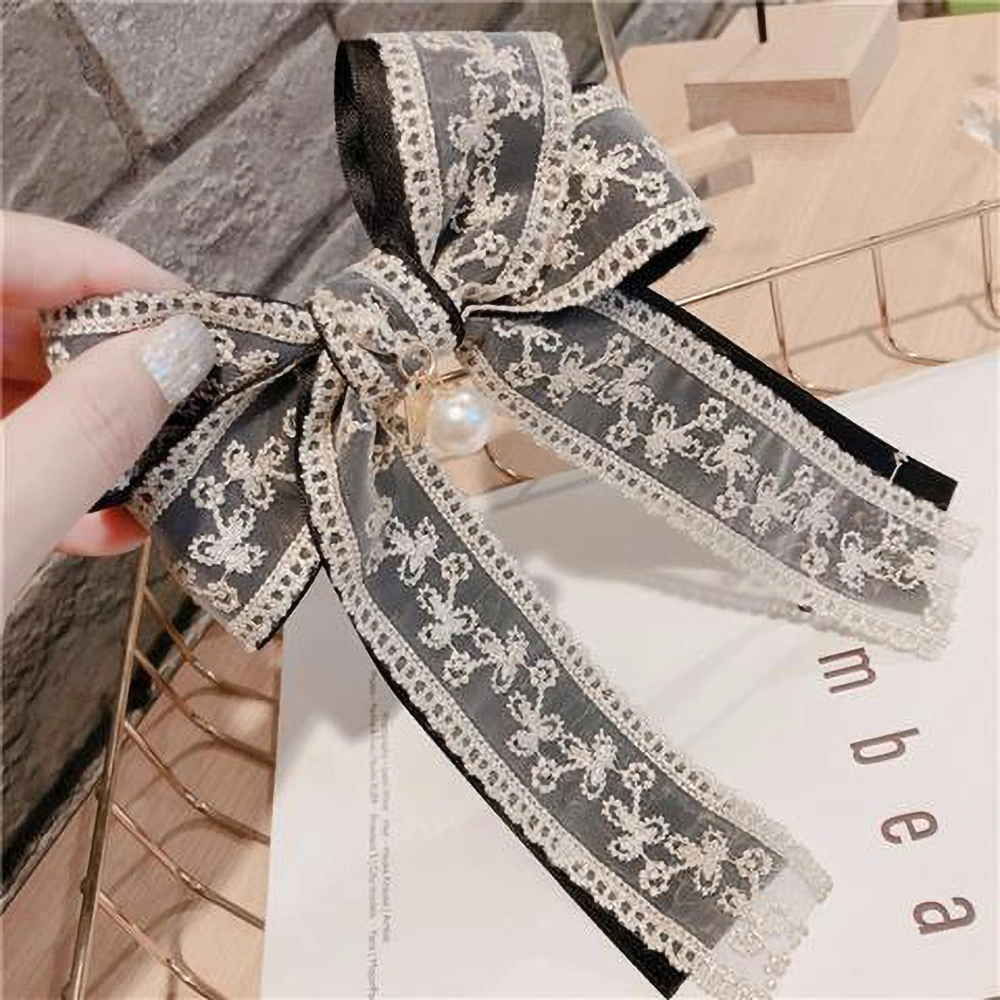 Bow Hair Clip Double Lace Layer Elegant Exquisite Nonslip Hairpin Ornament for Women GirlsMisty Black