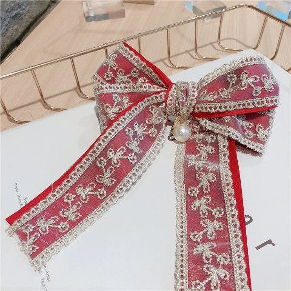 Bow Hair Clip Double Lace Layer Elegant Exquisite Nonslip Hairpin Ornament for Women GirlsRed