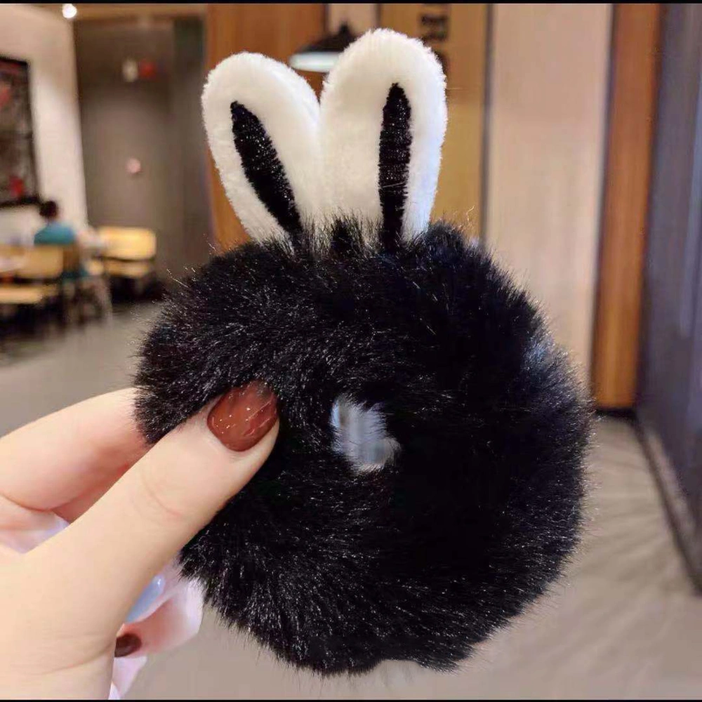 Rabbit Ear Fuzzy Furry Hair Rings Cute Ponytail Holder Elastic Hair Band Rope Hair Accessories for Women GirlsBlack