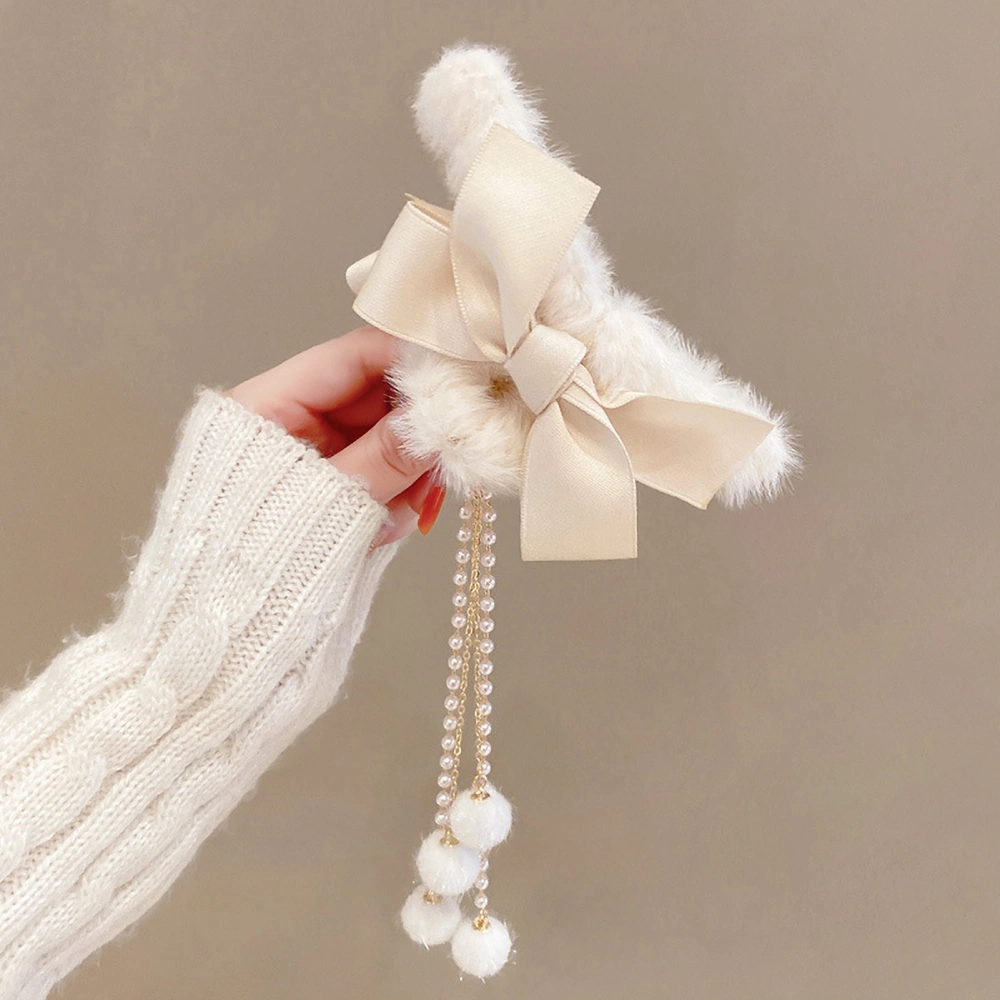 Bow Tassel Hairpin Cloth Plush Hair Clip Hair Barrettes for Girls Women Wedding PartyWhite