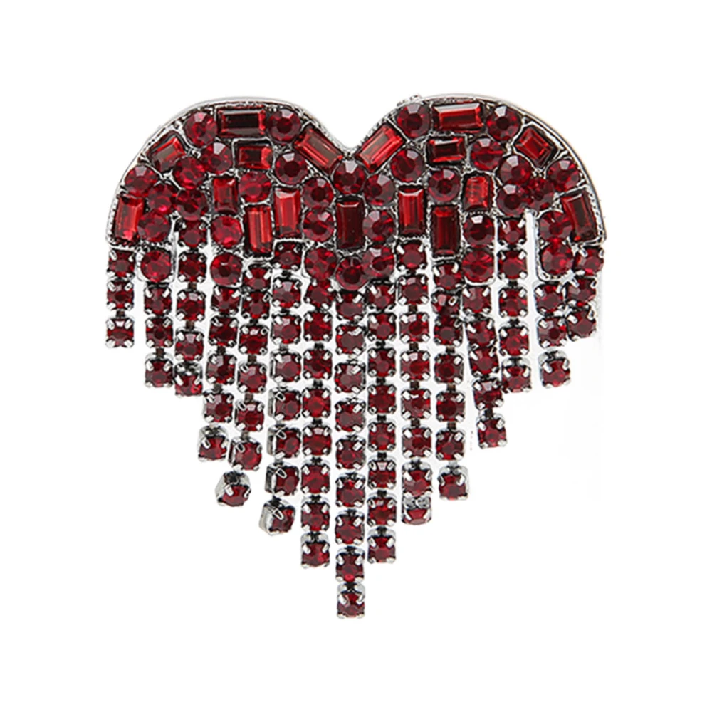 Heart Shaped Tassel Brooch Shiny Alloy Red Rhinestones Brooch Pin Jewelry for Dancing Party Dating