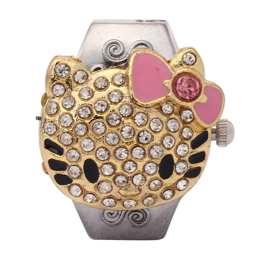 Finger Ring Watch Flip Up Cover Rhinestone Women Finger Quartz Ring Watch(Pink )