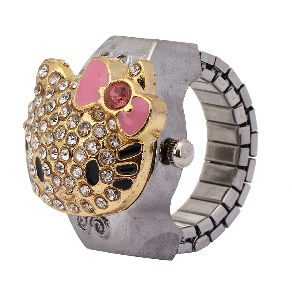 Finger Ring Watch Flip Up Cover Rhinestone Women Finger Quartz Ring Watch(Pink )