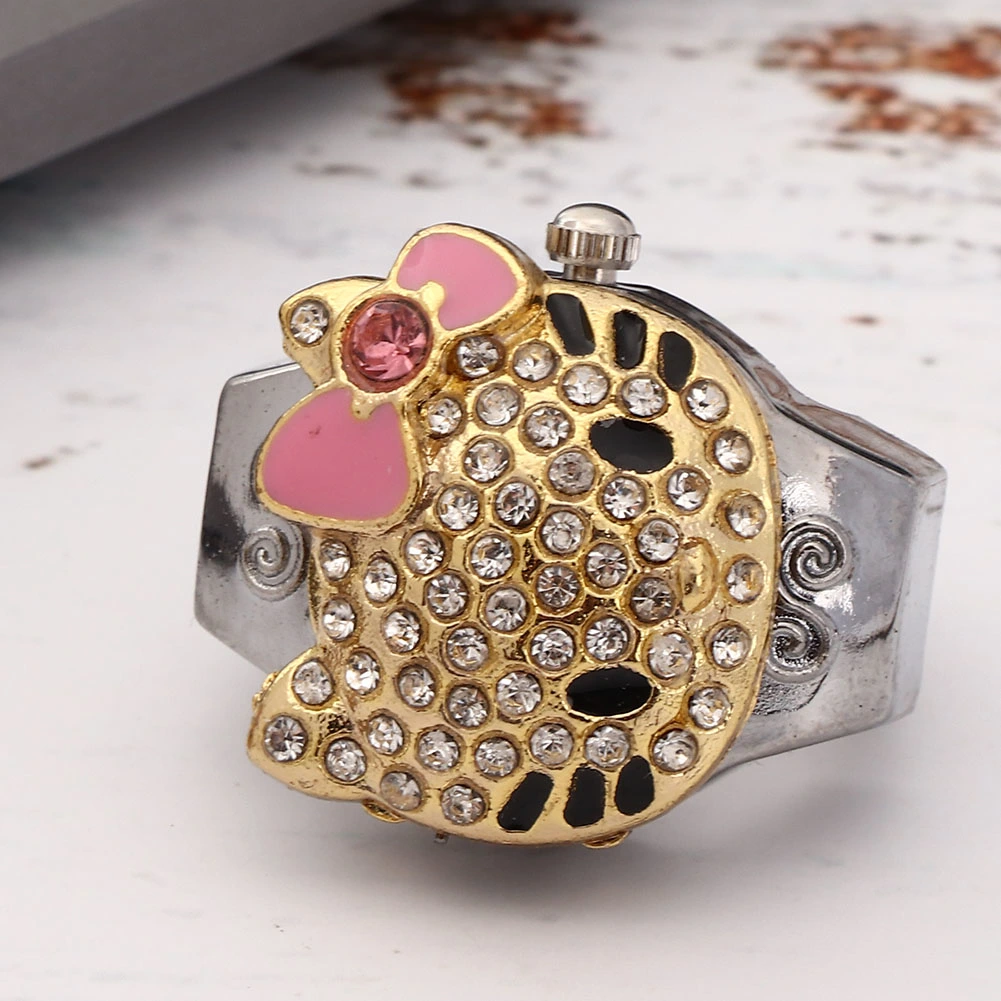Finger Ring Watch Flip Up Cover Rhinestone Women Finger Quartz Ring Watch(Pink )