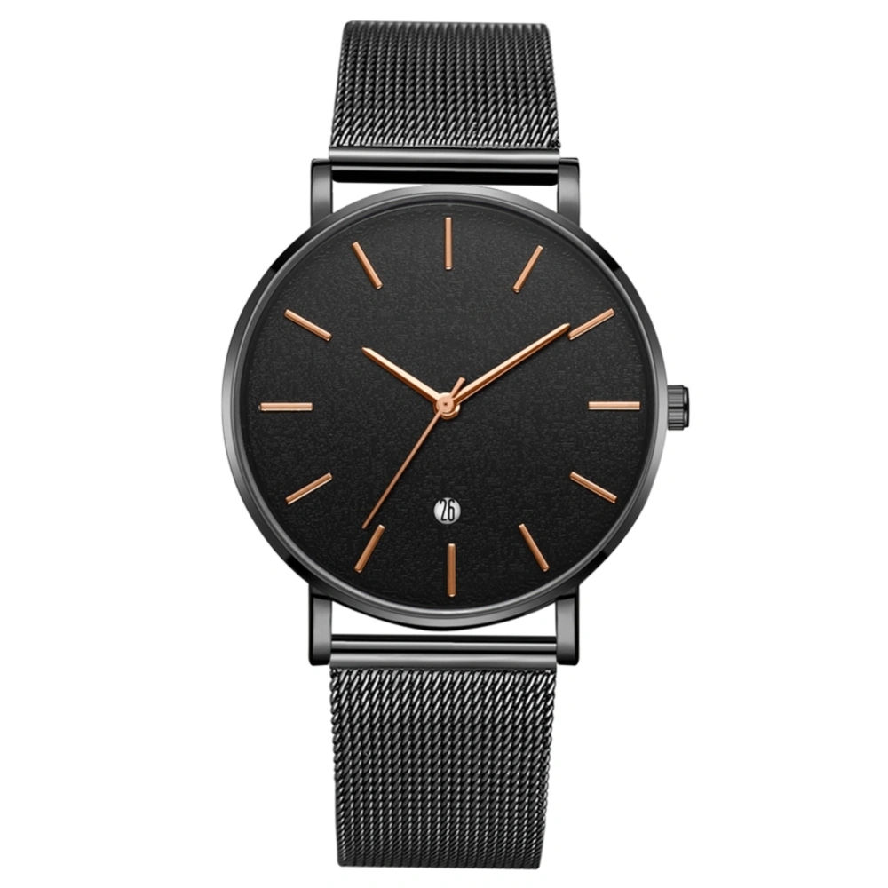 Fashionable Round Dial Quartz Wristwatch(Black Belt Black Case Black Mirror Rose Gold Needle)