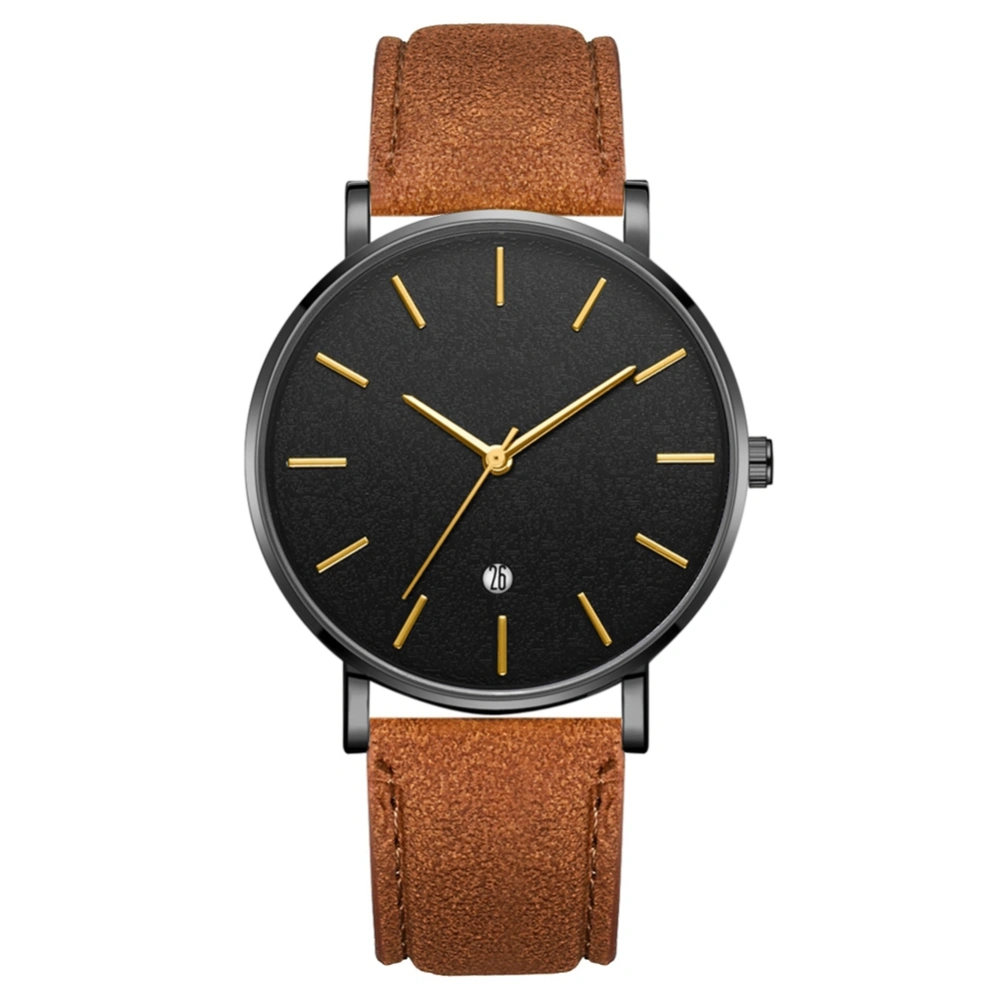 Fashion Round Dial Analog Quartz Wristwatch(Coffee Belt Black Case Black Mirror Gold Needle)