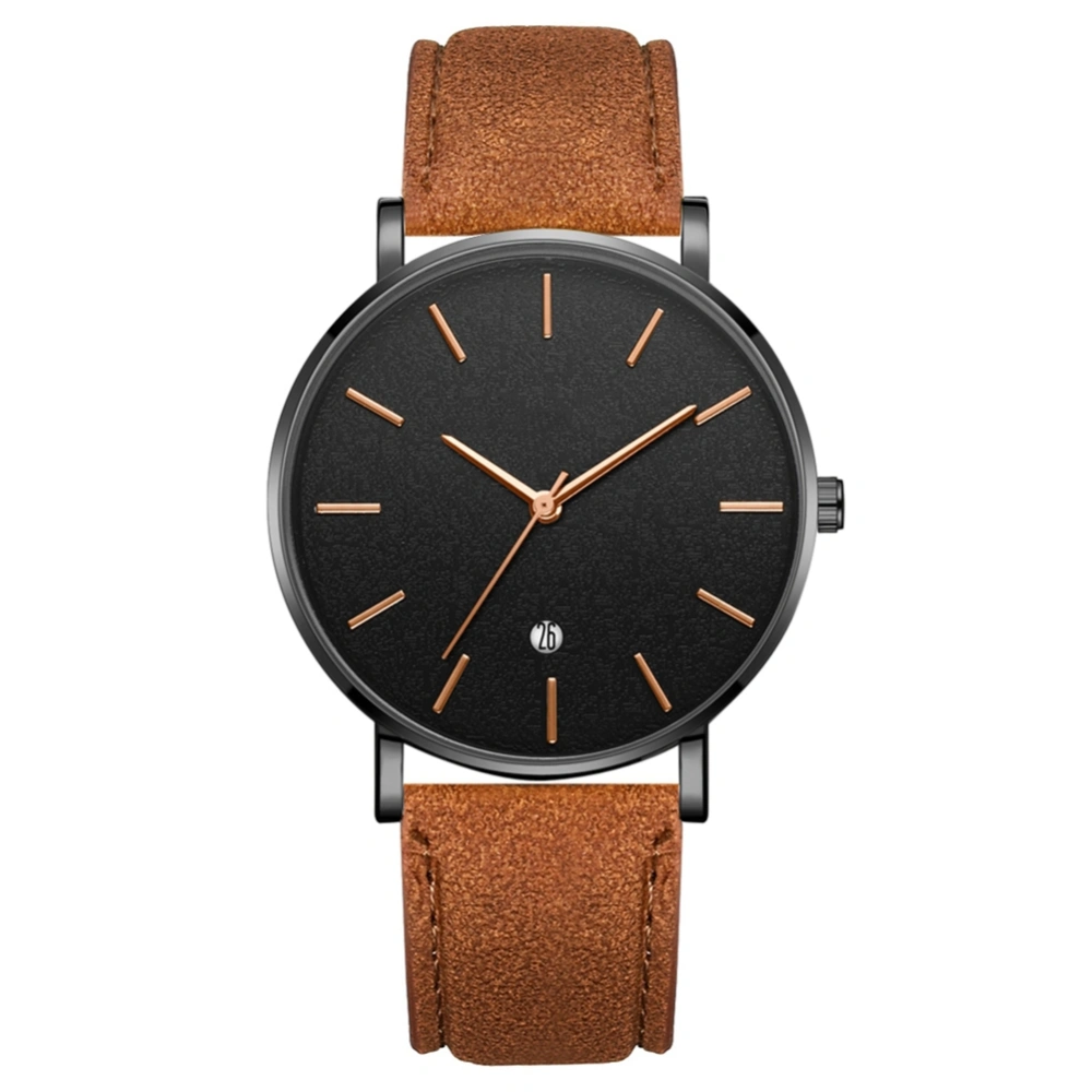 Fashionable Round Dial Quartz Wristwatch(Coffee Belt Black Case Black Mirror Rose Gold Needle)