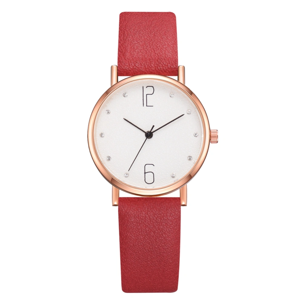 Women Simple Casual Quartz Round Dial PU Strap Wristwatch Female Watch (Red)