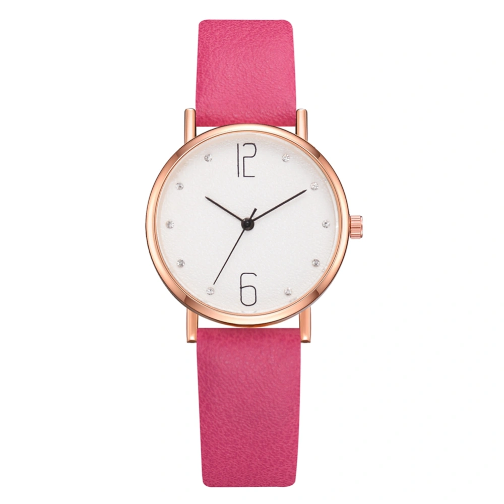 Women Simple Casual Quartz Round Dial PU Strap Wristwatch Female Watch (Rose Red)