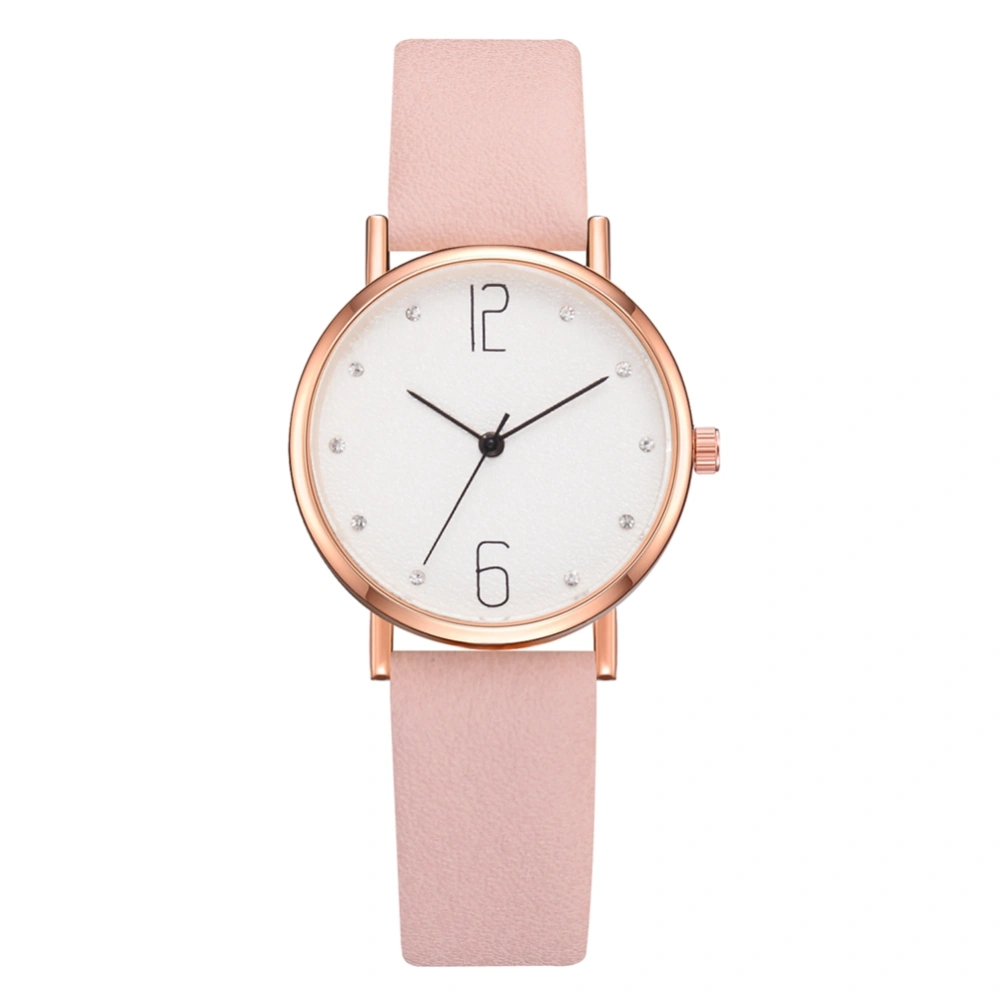 Women Simple Casual Quartz Round Dial PU Strap Wristwatch Female Watch (Pink)