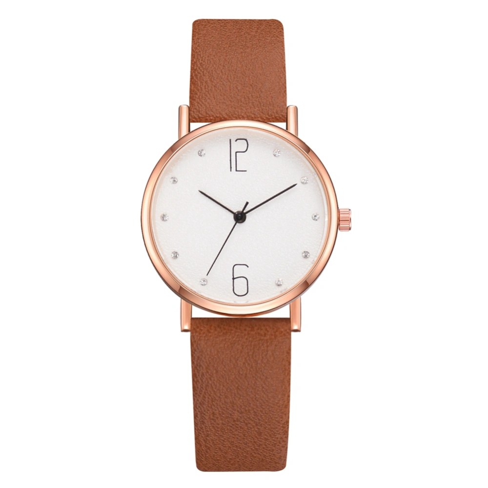 Women Simple Casual Quartz Round Dial PU Strap Wristwatch Female Watch (Coffee)