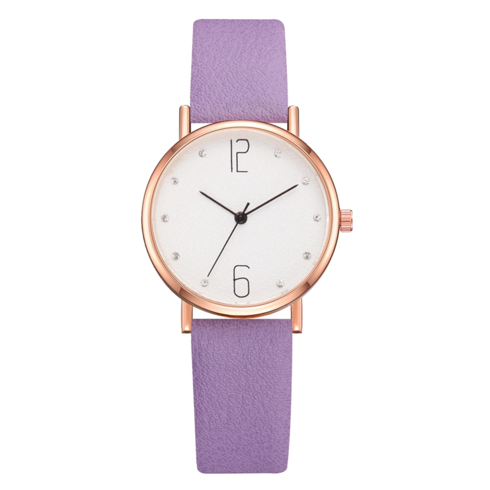 Women Simple Casual Quartz Round Dial PU Strap Wristwatch Female Watch (Purple)