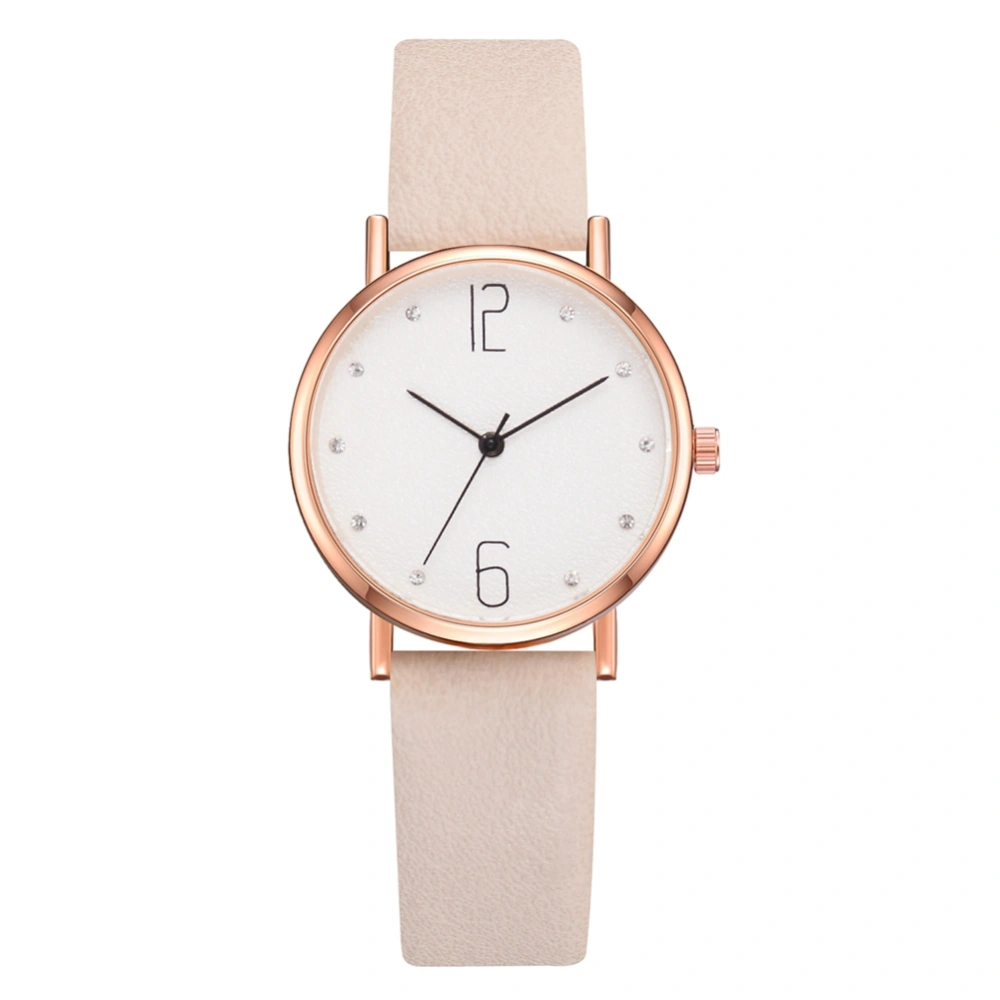 Women Simple Casual Quartz Round Dial PU Strap Wristwatch Female Watch (Beige)