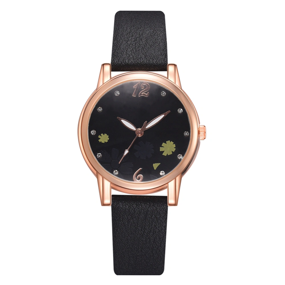 Fashionable Women Girl Watch Round Dial Analog Display Quartz Wristwatch(Black)