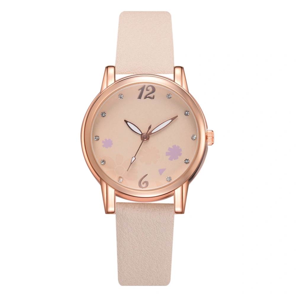 Fashionable Women Girl Watch Round Dial Analog Display Quartz Wristwatch(Beige)