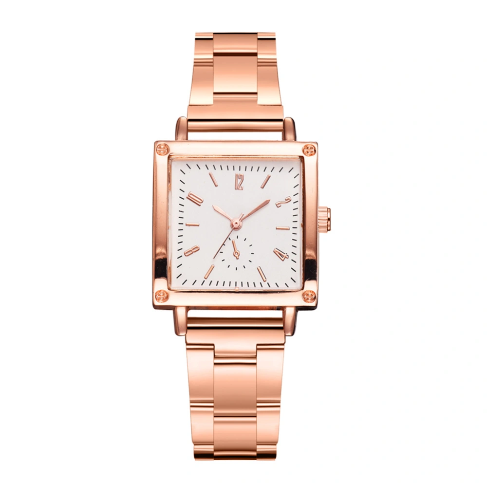 Fashion Alloy Strap Quartz Watch Roman Numeral Square Shape Dial Casual Watch (Rose Gold White)