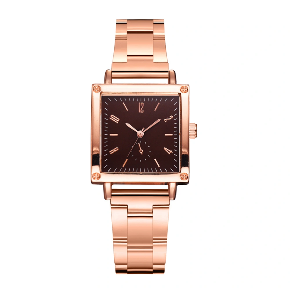 Fashion Alloy Strap Quartz Watch Roman Numeral Square Shape Dial Casual Watch (Rose Gold Brown)