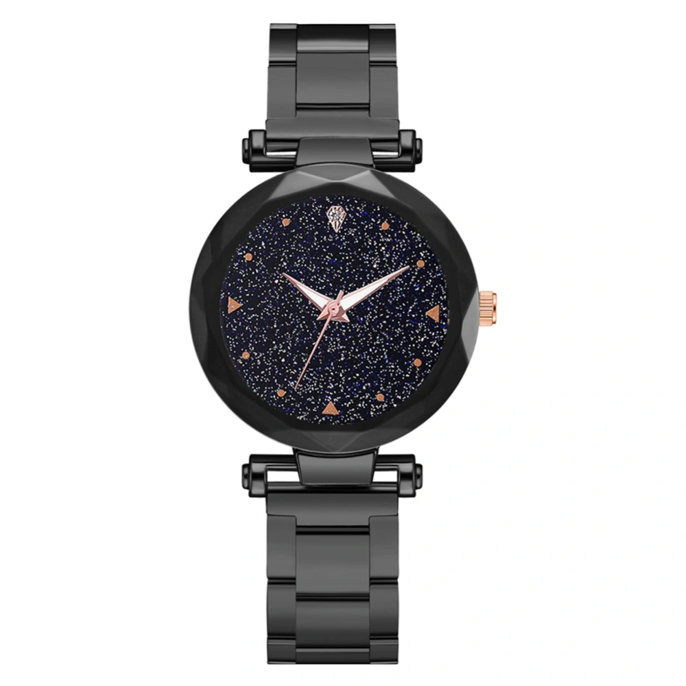 Women Quartz Watch Round Dial Alloy Belt Elegant Casual Wristwatch Black