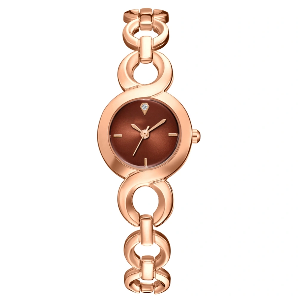 Fashionable Women Alloy Watch Round Quartz Wristwatch Causal Golden Rose Strap(Brown Dial)