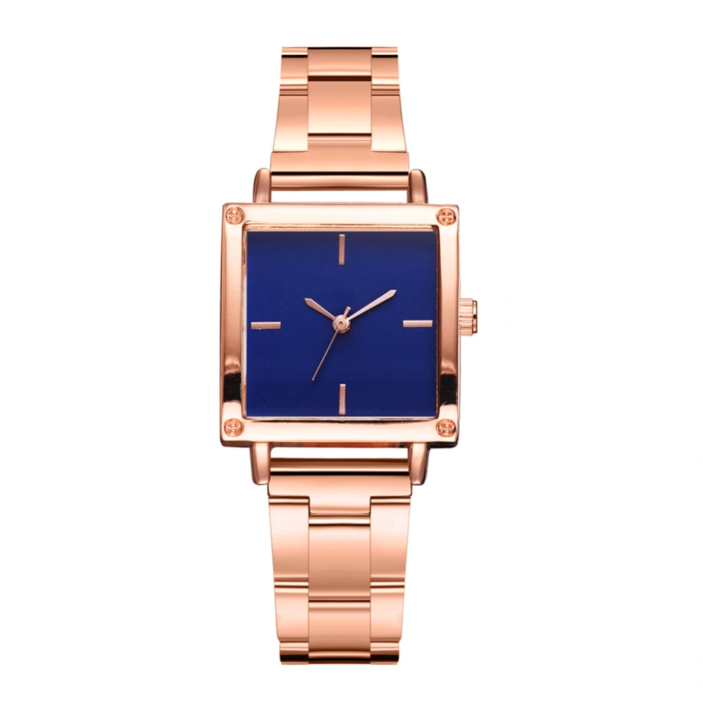 Fashionable Minimalist Women Square Dial Alloy Quartz Wristwatch Watch(Rose Gold+Blue)