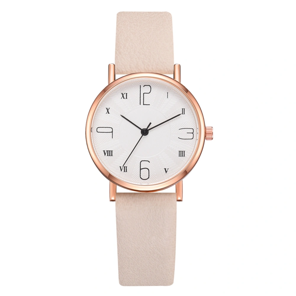 Fashionable PU Strap Round Dial Analog Display Quartz Women Wristwatch (Beige)