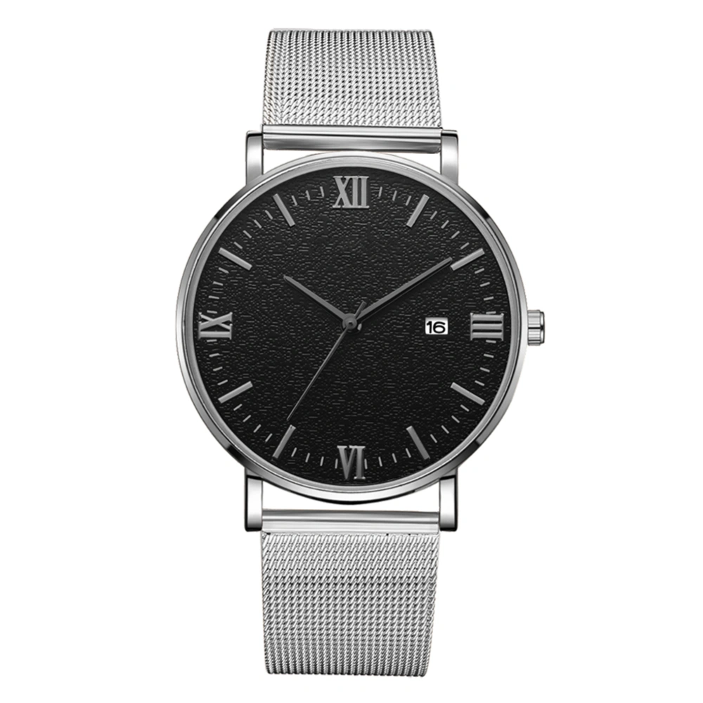 Quartz Mechanical Wrist Watch (Silver Strap Silver Case Silver Hand Black Dial)