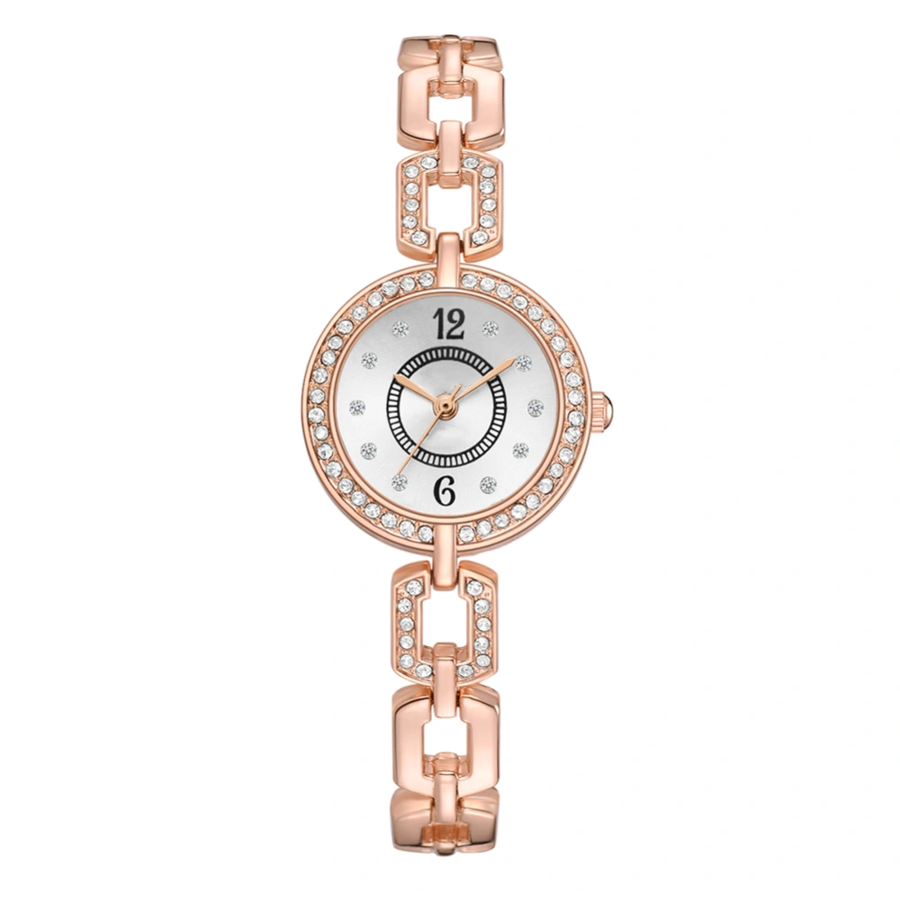 Simple Fashion Alloy Wrist Watch Round Dial Women Lady Quartz Wristwatch(Rose Gold+White)