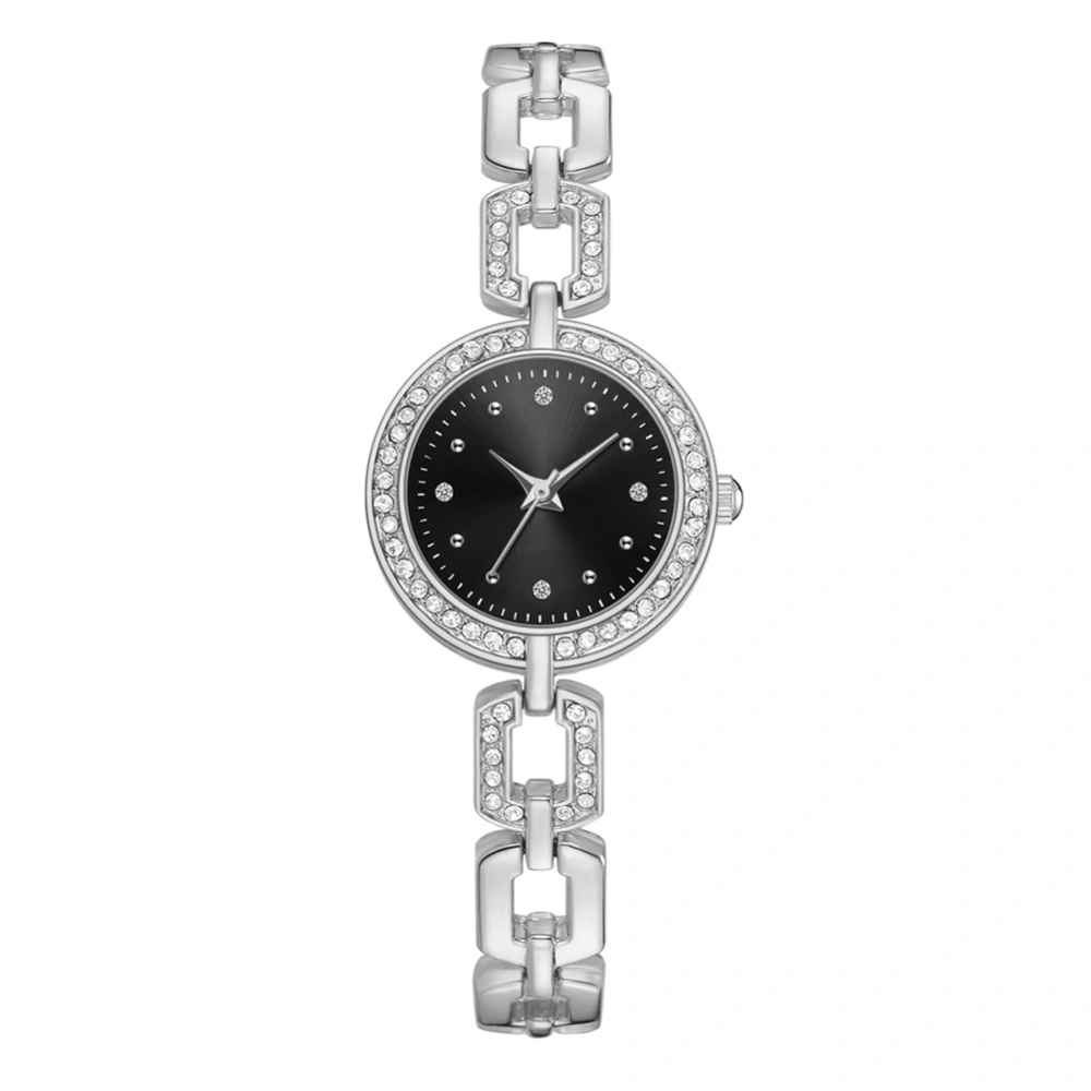 Simple Casual Alloy Strap Wrist Watch Round Dial Women Lady Quartz Wristwatch(Silver+Black)