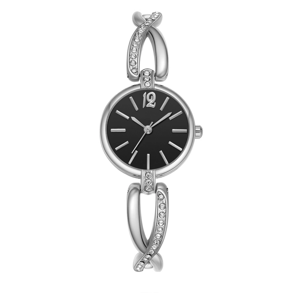 Alloy Watch Round Dial Analog Display Quartz Wristwatch(Silver Belt and Black Dial)