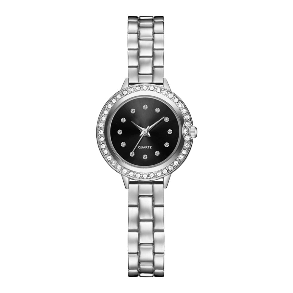 Fashionable Women Female Girls Alloy Quartz Watch Steel Strap Wristwatch (black with silver)