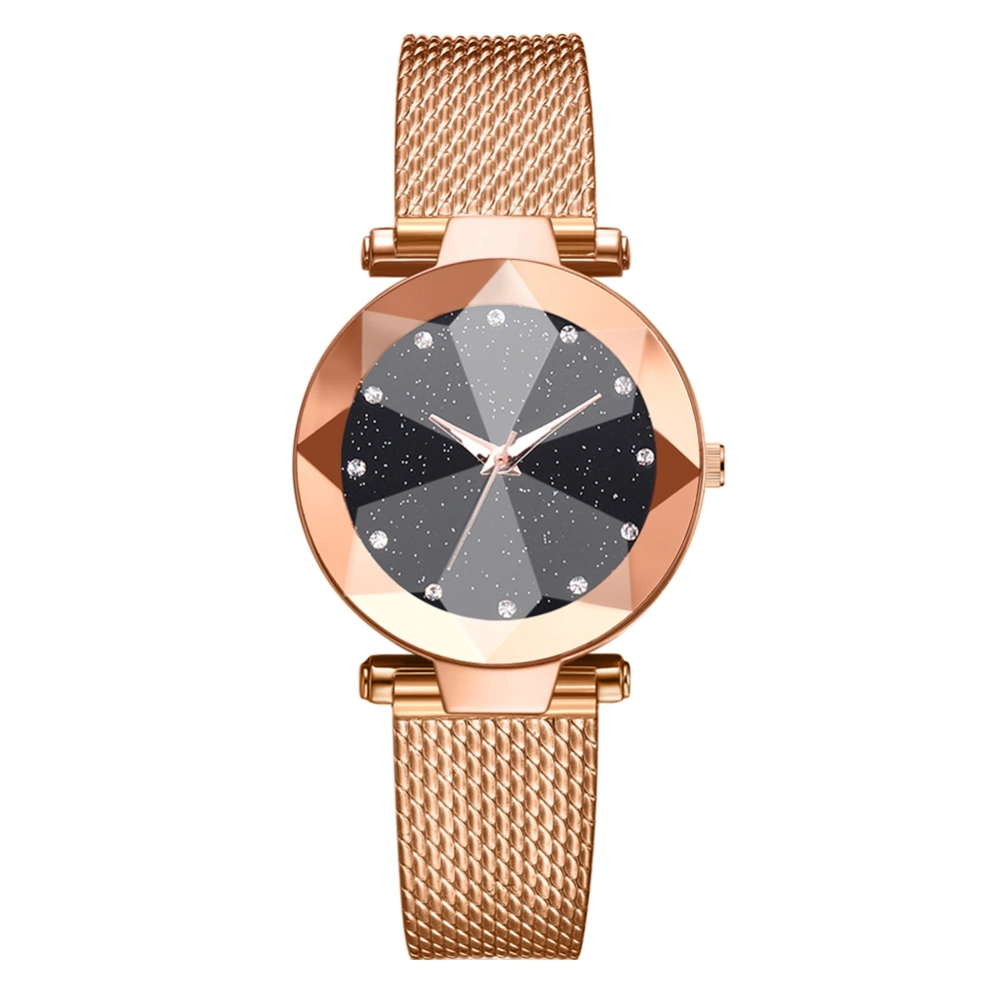 Casual Alloy Quartz Round Dial Female Rhinestone Watch Silicone Strap Wristwatch (Rose Gold)